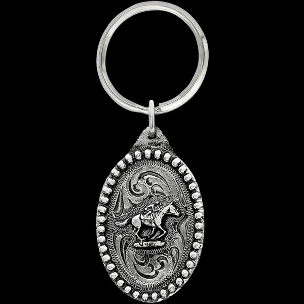 Race Horse Keychain, Run like the wind with our Race Horse keychain! This item includes a beaded border, a 3D race horse figure, and a key ring attachment. Each silver key chai